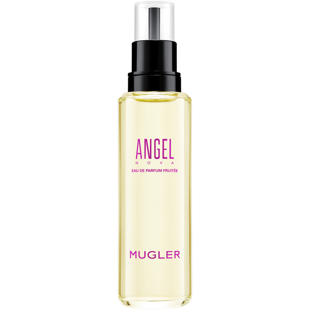 Blå parfymflaska Mugler Angel mot vit bakgrund, damparfym