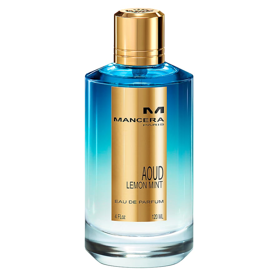 Parfymflaska Mancera Aoud Lemon Mint med transparent glas och guldlock