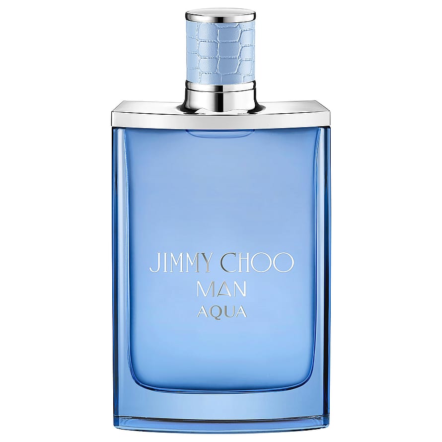 Jimmy Choo Aqua parfymflaska för herrar på en vit bakgrund