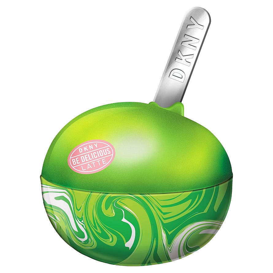 Grön parfymflaska Dkny Be Delicious Café Matcha Latte, damparfym mot vit bakgrund
