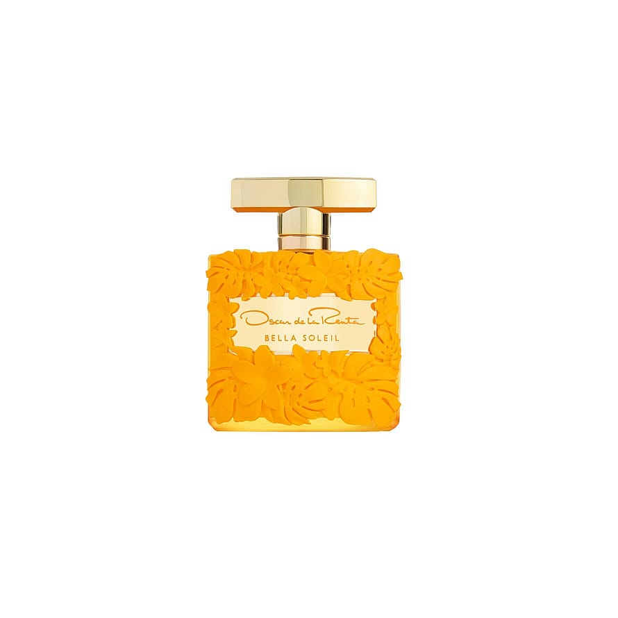 Elegant damparfymflaska Oscar De La Renta Bella Soleil mot ljus bakgrund