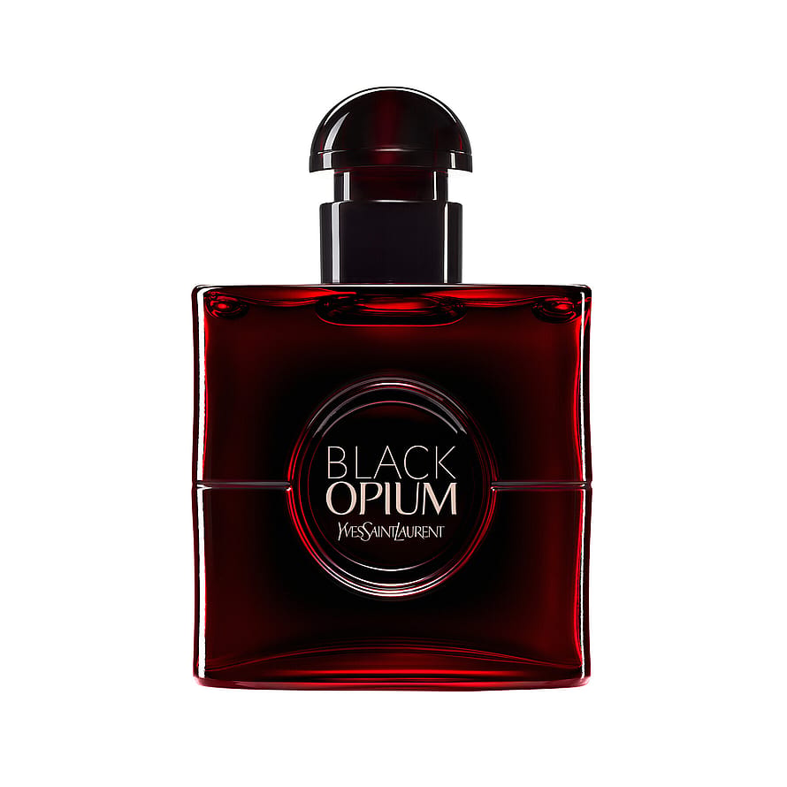 Yves Saint Laurent Black Opium parfymflaska över röd bakgrund, damparfym