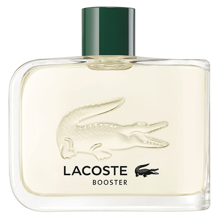 Grön Lacoste Booster parfymflaska för herrar på vit bakgrund
