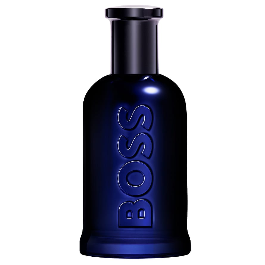 Hugo Boss Bottled Night herrparfymflaska mot mörk bakgrund