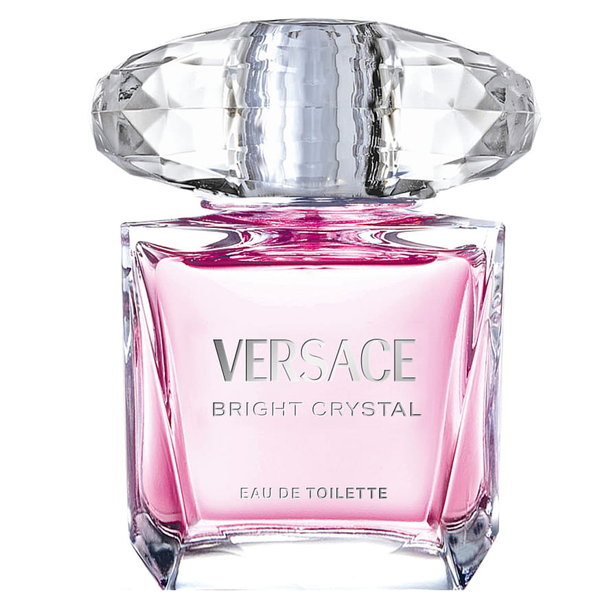 Klar parfymflaska med rosa vätska, Versace Bright Crystal Absolu, damparfym