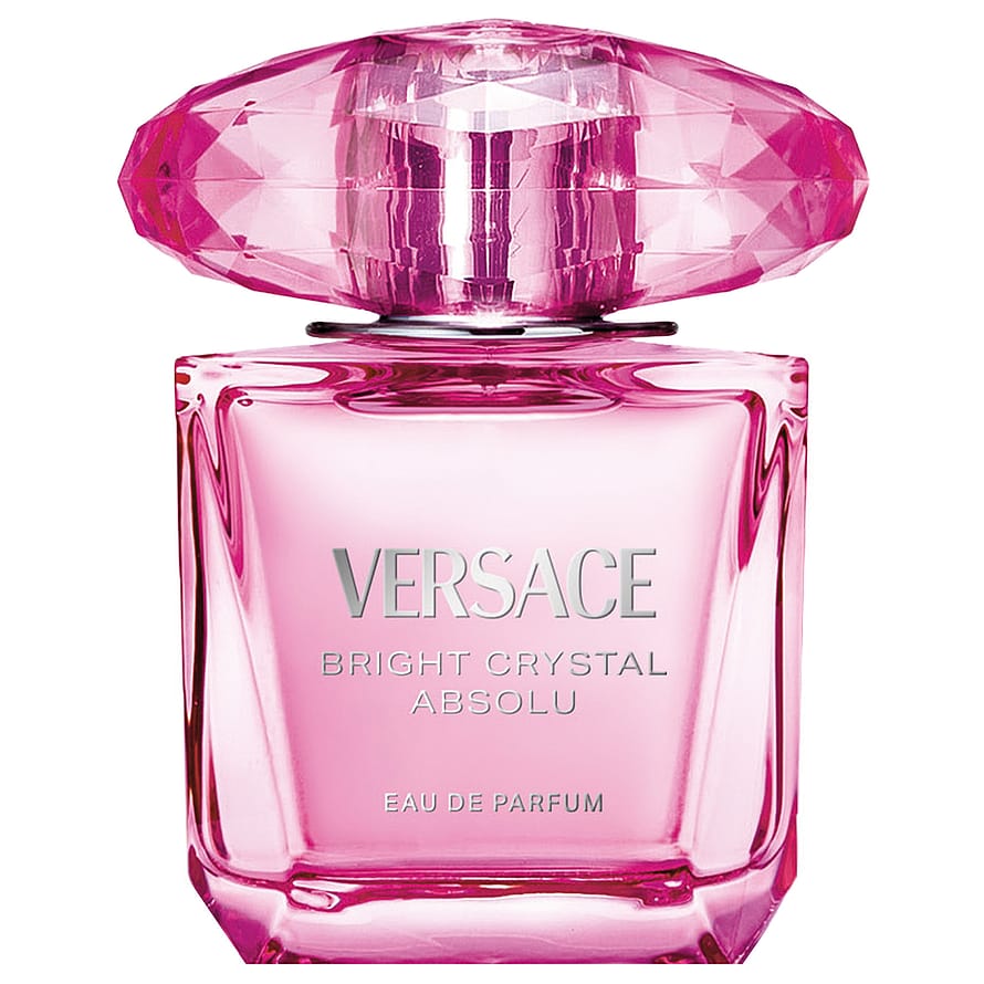 Versace Bright Crystal Absolu parfymflaska, rosa och elegant damparfym, placerad på vit bakgrund
