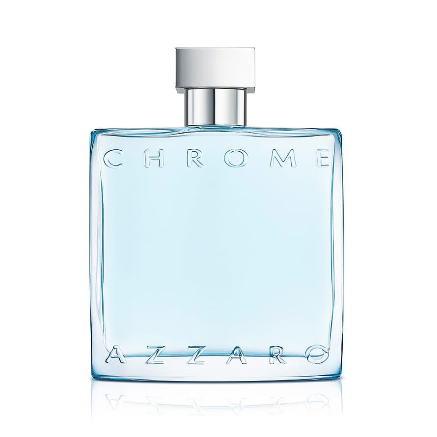 Elegant herrparfymflaska Azzaro Chrome med blå toner och silverdetaljer