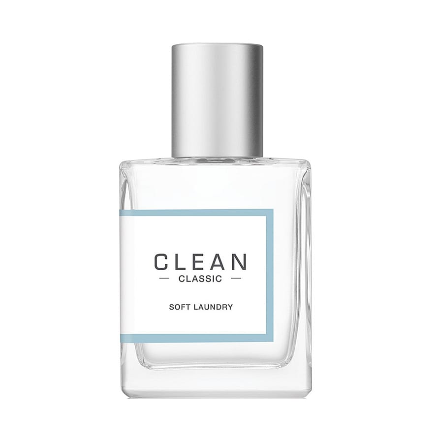 Stilren parfymflaska med etiketten Clean Classic Soft Laundry, damparfym i en ljus, minimalistisk design