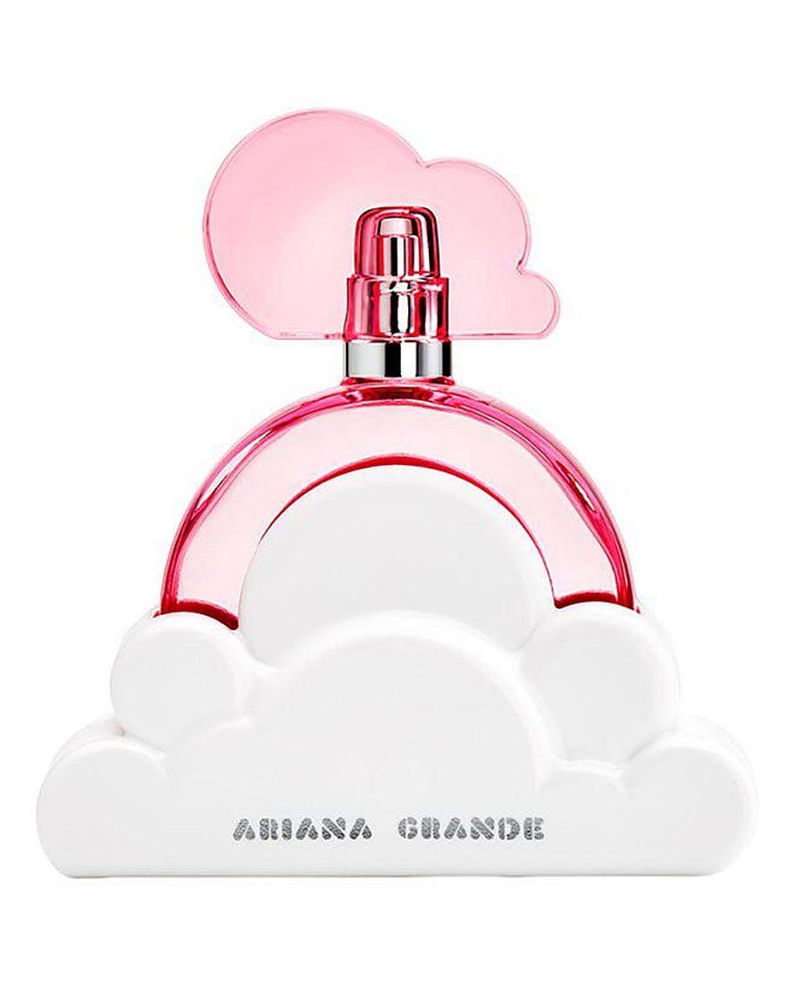 Rosa parfymflaska Ariana Grande Cloud Pink damparfym mot ljus bakgrund