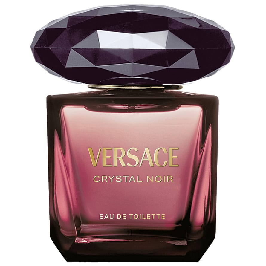 Versace Crystal Noir parfymflaska i glas med mörk kork, damparfym på vit bakgrund