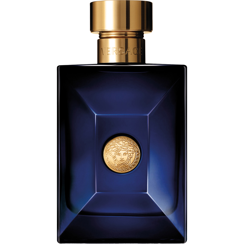 Versace Dylan Blue herrparfymflaska med mörkblå design och gyllene detaljer