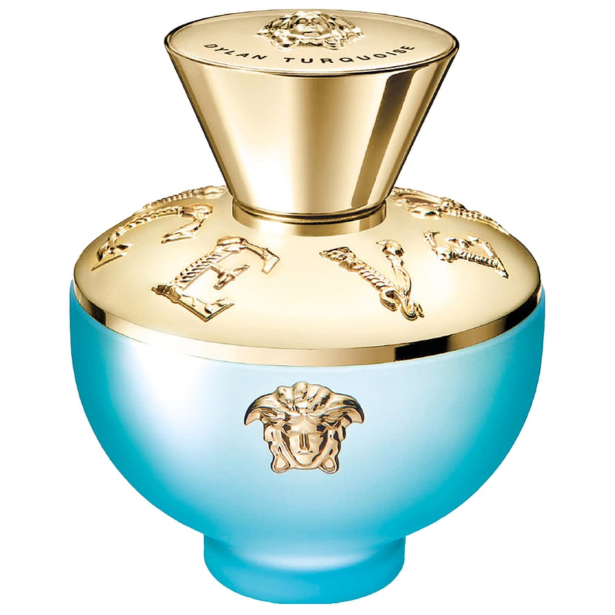 Turkos parfymflaska Versace Dylan Turquoise damparfym mot ljus bakgrund