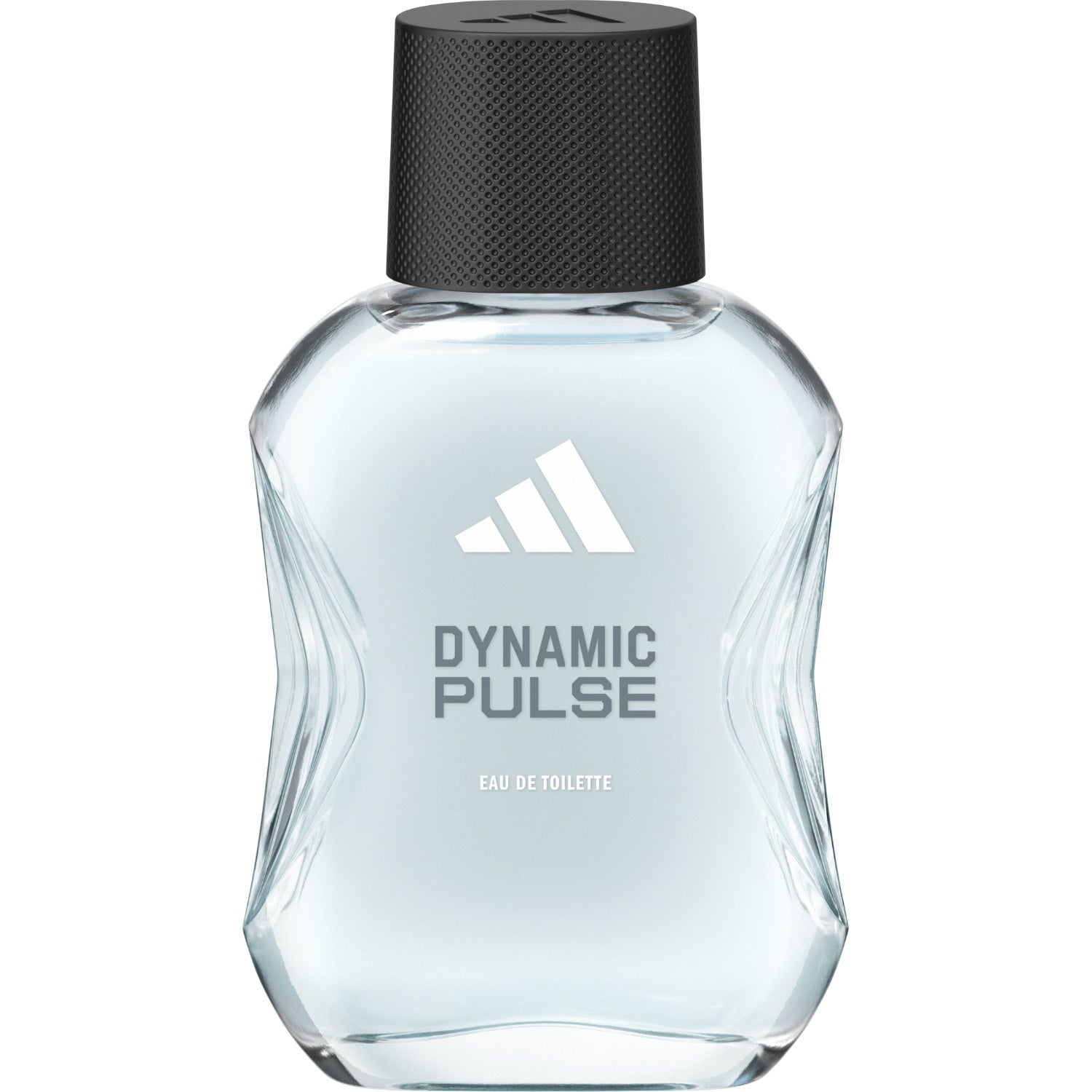 Adidas Dynamic Pulse herrparfym i genomskinlig parfymflaska mot ljus bakgrund