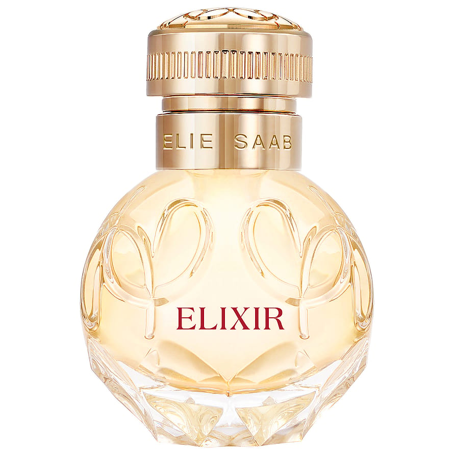 Guldfärgad parfymflaska på vit bakgrund, Clinique Aromatics Elixir, damparfym