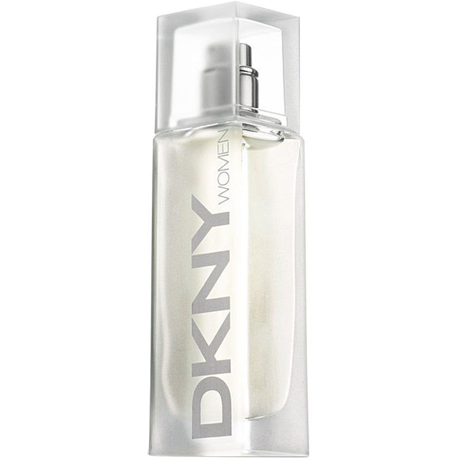 Slank parfymflaska av DKNY Energizing damparfym på enkel vit bakgrund
