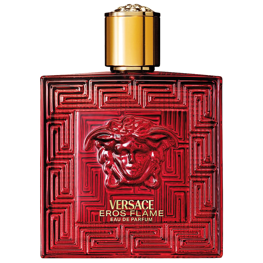 Versace Eros Flame herrparfymflaska med röd design och förgylld kork