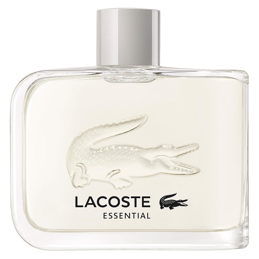 Modernt designad parfymflaska Lacoste Essential Herrparfym på vit bakgrund