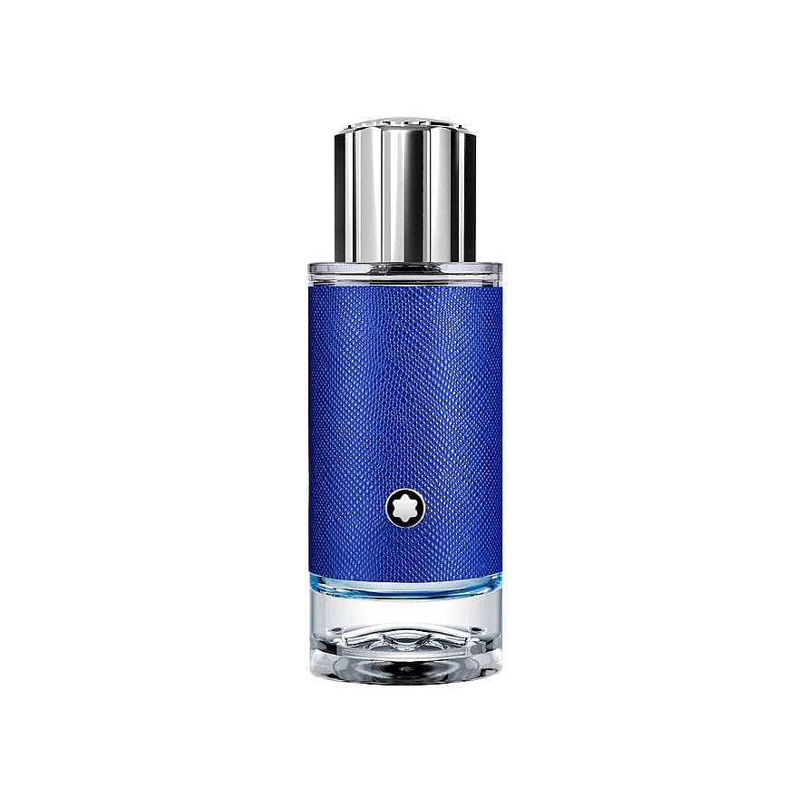 Montblanc Explorer Ultra Blue parfymflaska för herrar på vit bakgrund