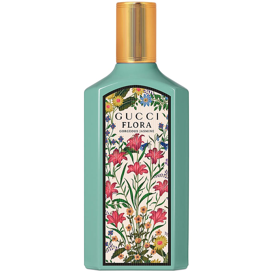 Gucci Flora Gorgeous Jasmine parfymflaska för damer på vit bakgrund