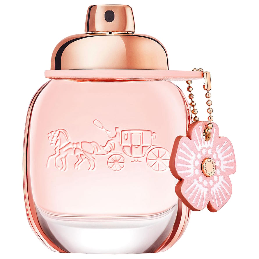 Transparent parfymflaska med Elizabeth Arden White Tea Eau Florale, elegant damparfym på vit bakgrund