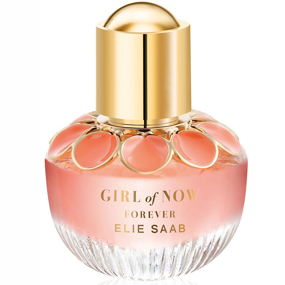 Elegant damparfymflaska Elie Saab Girl Of Now Forever med gyllene detaljer på vit bakgrund