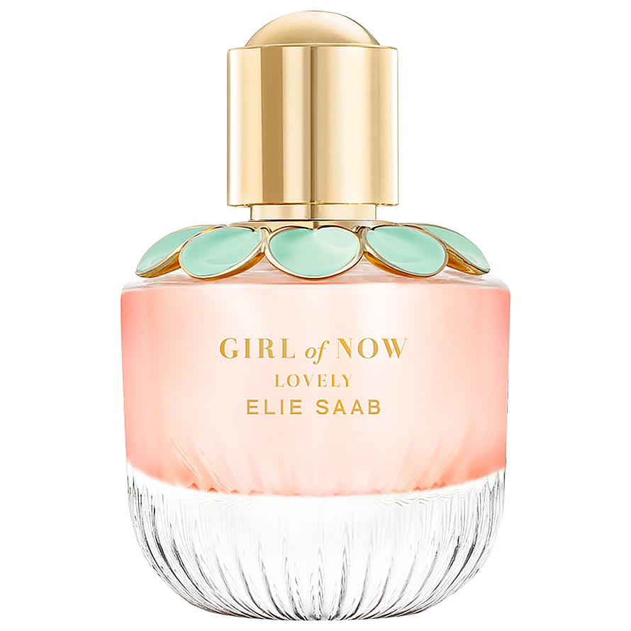 Elegant parfymflaska Elie Saab Girl Of Now Lovely, damparfym på vit bakgrund