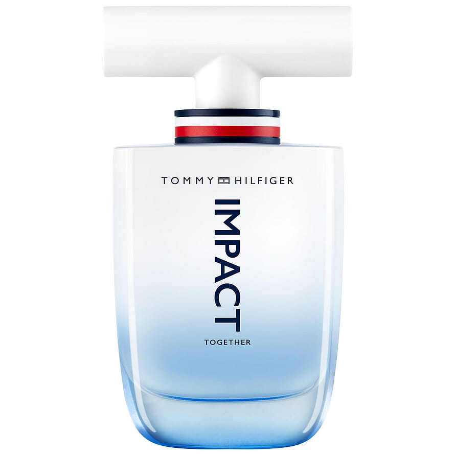 Transparent parfymflaska med Tommy Hilfiger Impact Together, modern herrparfym