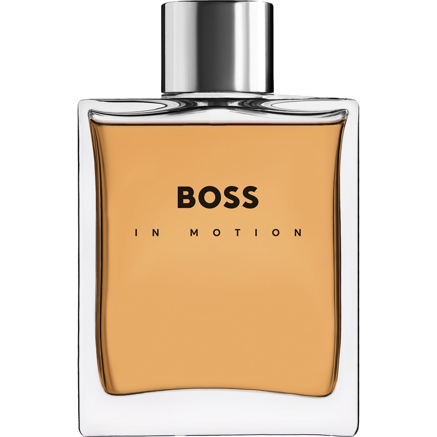 Silverfärgad Hugo Boss In Motion herrparfymflaska på vit bakgrund