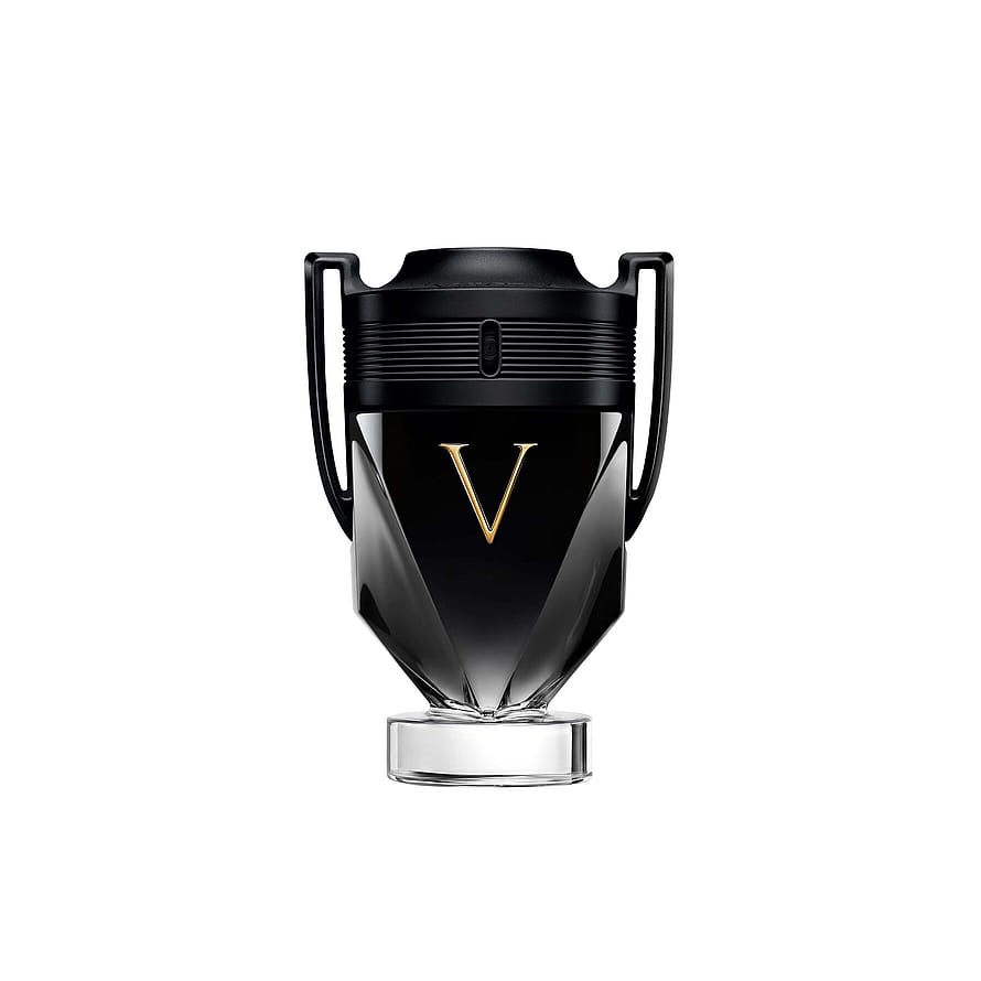 Rabanne Invictus Victory Elixir herrparfymflaska i djupblått glas med guldlock