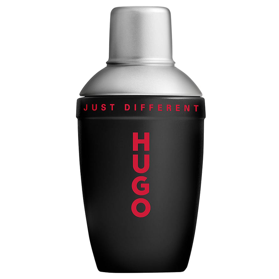 Svart och stilren parfymflaska av Hugo Boss Just Different, herrparfym på vit bakgrund