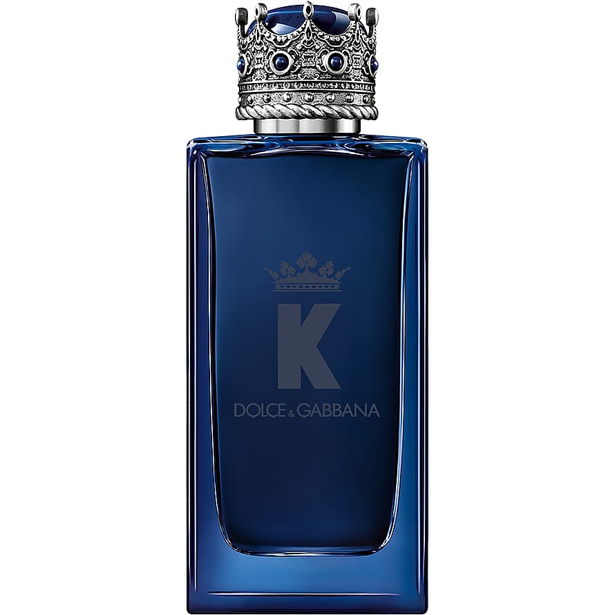 Djupblå parfymflaska med guldkrona, K by Dolce&Gabbana Intense herrparfym