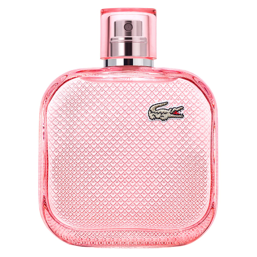 Rosa parfymflaska Lacoste L.12.12 Rose Sparkling damparfym på vit bakgrund