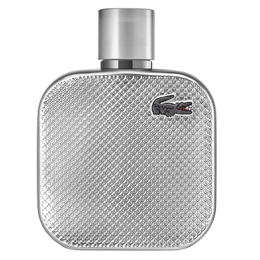 Glasflaska av Lacoste L.12.12 Silver Grey herrparfym på grå bakgrund