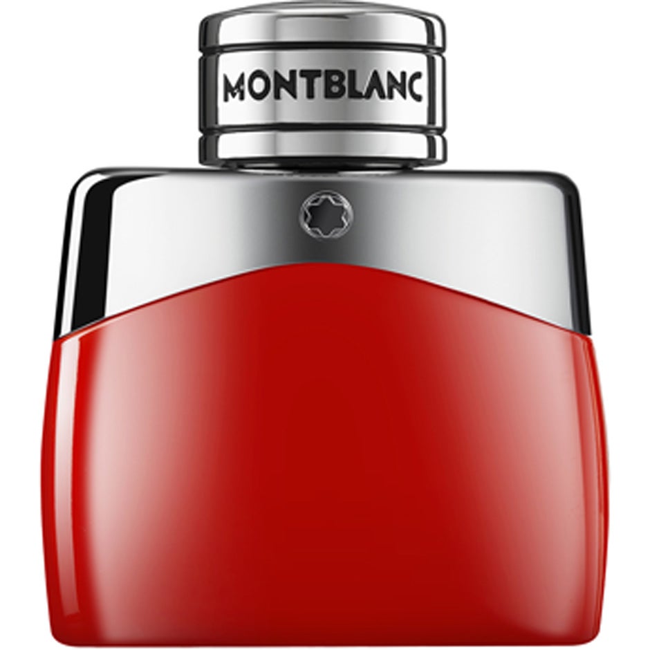 Montblanc Legend Red parfymflaska för herrar mot vit bakgrund