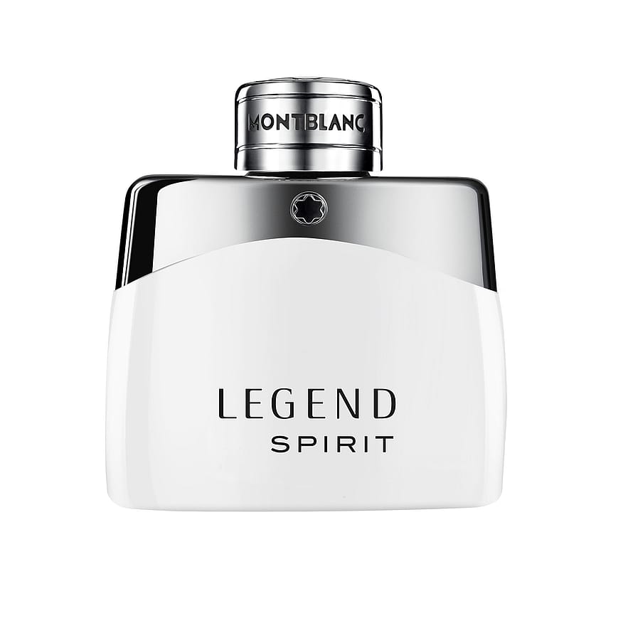 Vit och silver Montblanc Legend Spirit herrparfymflaska på mörk bakgrund