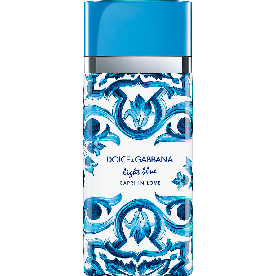 Dolce & Gabbana Light Blue Capri in Love damparfymflaska på vit bakgrund