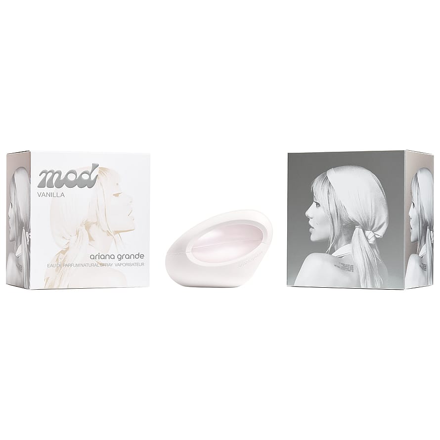Ariana Grande MOD Vanilla damparfym i elegant parfymflaska mot ljus bakgrund