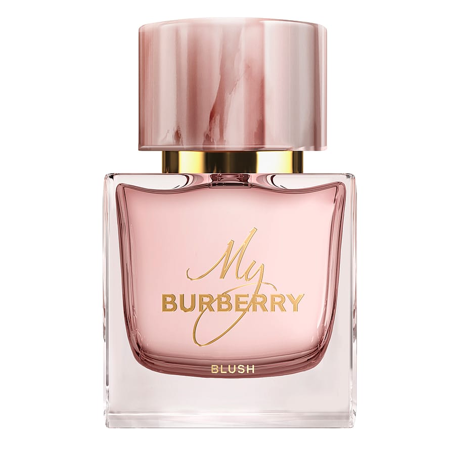 Elegant Burberry My Burberry Blush parfymflaska för damer på vit bakgrund