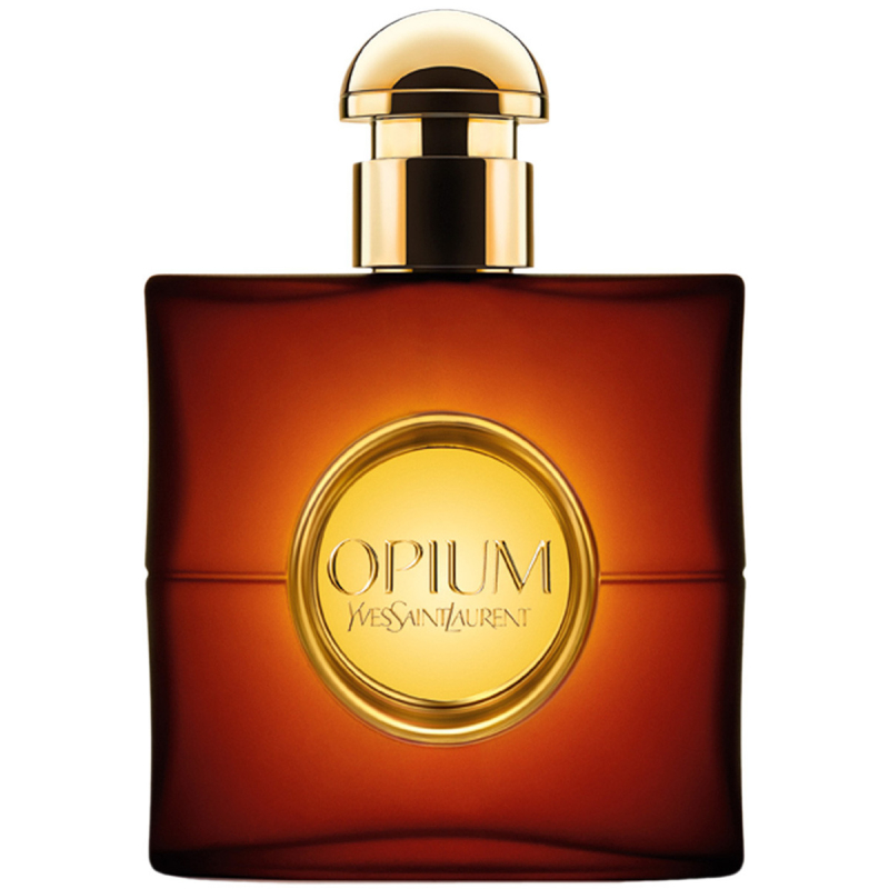 Svart och guld Yves Saint Laurent Black Opium damparfymflaska på vit bakgrund