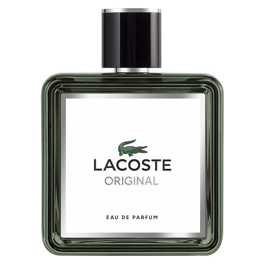 Transparent Lacoste parfymflaska med grön kork, herrparfym