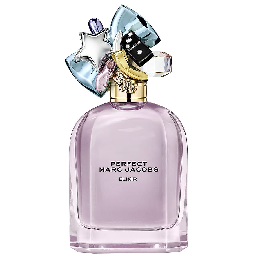 Parfymflaska Marc Jacobs Perfect Elixir mot ljus bakgrund, damparfym