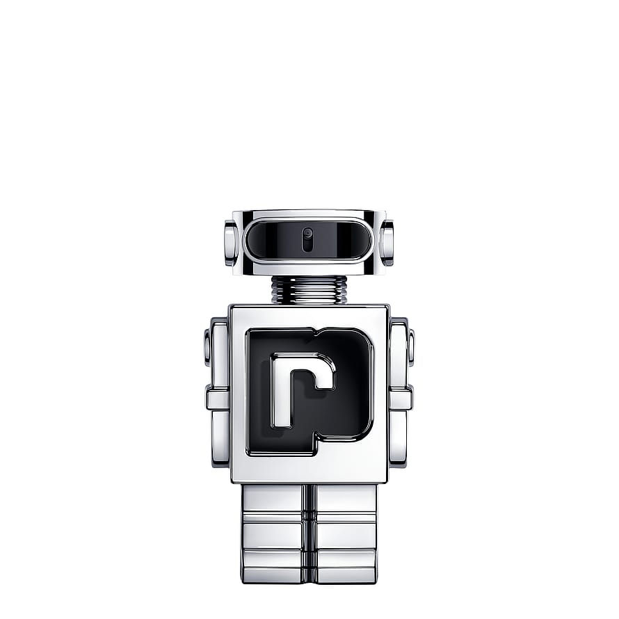 Rabanne Phantom herrparfymflaska i futuristisk design på vit bakgrund
