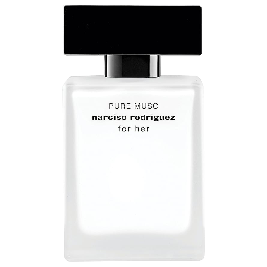 Vit parfymflaska Narciso Rodriguez Pure Musc damparfym mot enkel bakgrund