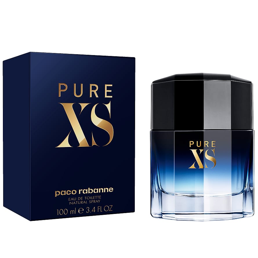 Rabanne Pure XS herrparfymflaska i djupblått glas med gulddetaljer