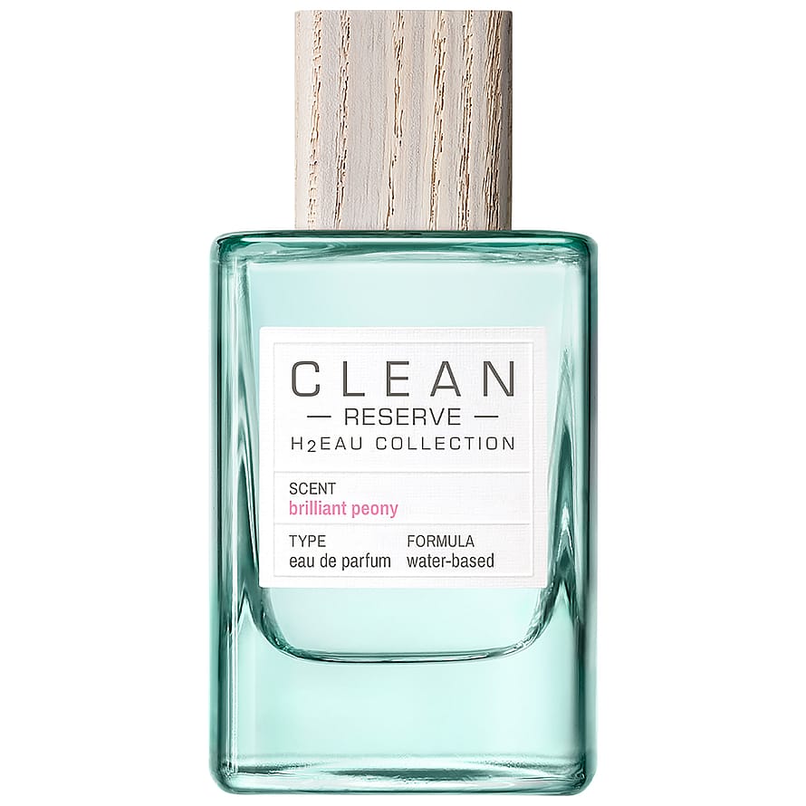 Transparent parfymflaska för damparfym Clean Reserve H2EAU Brilliant Peony på vit bakgrund