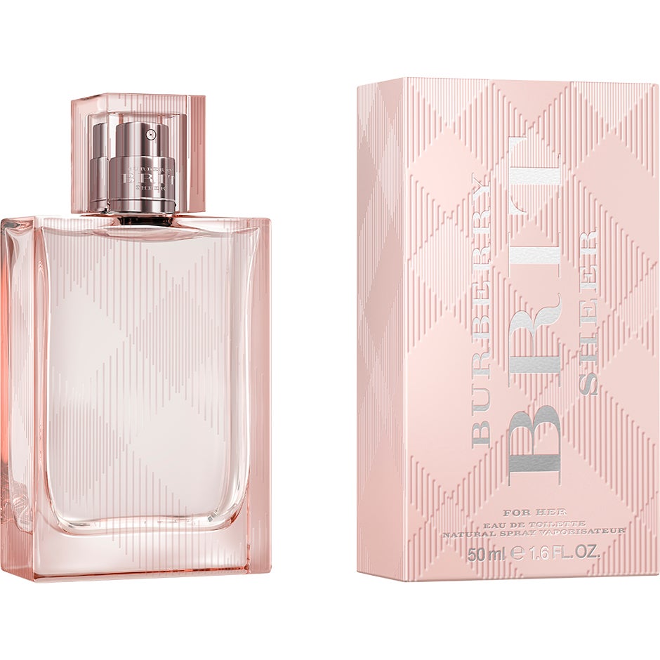 Transparent parfymflaska Burberry Sheer för kvinnor på vit bakgrund