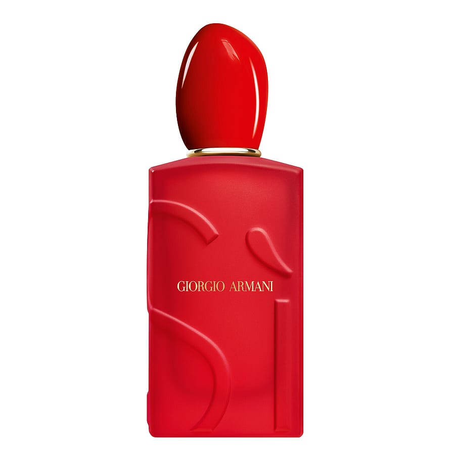 Armani Sì Passione Red Bloom parfymflaska, damparfym i röd design mot ljus bakgrund