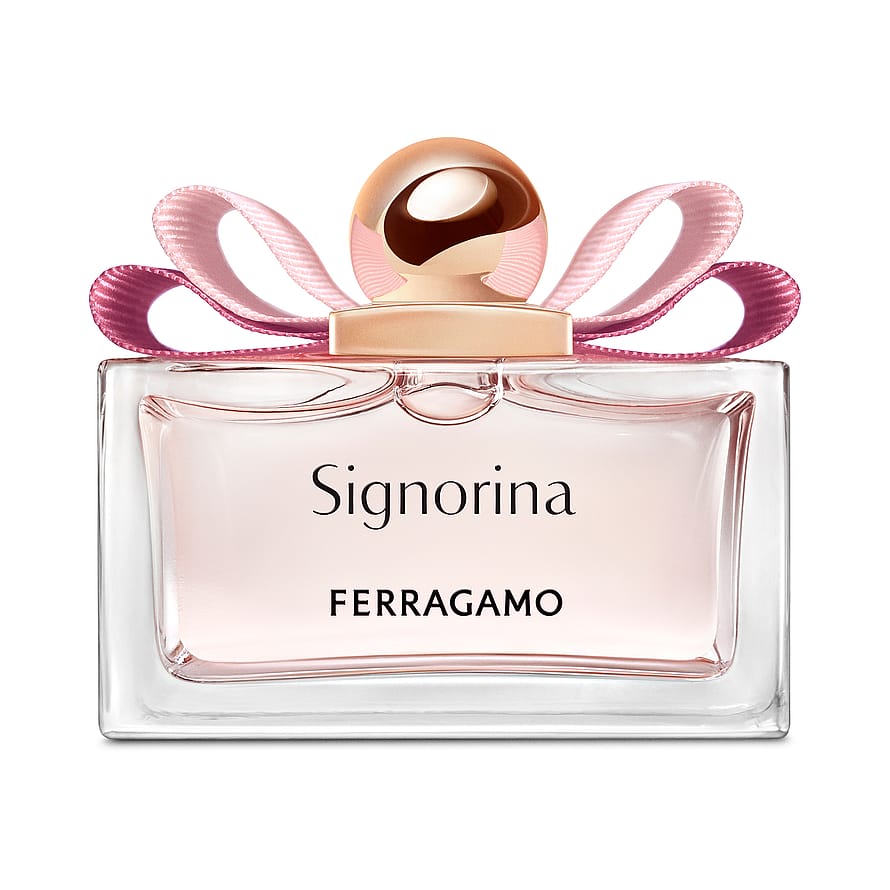 Elegant parfymflaska Ferragamo Signorina för damer mot ljus bakgrund