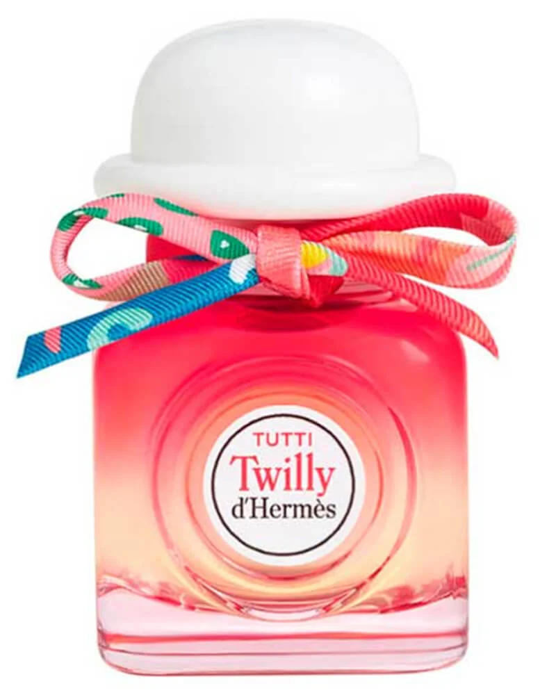 Färgglad Hermès Twilly d'Hermès parfymflaska för damer på vit bakgrund