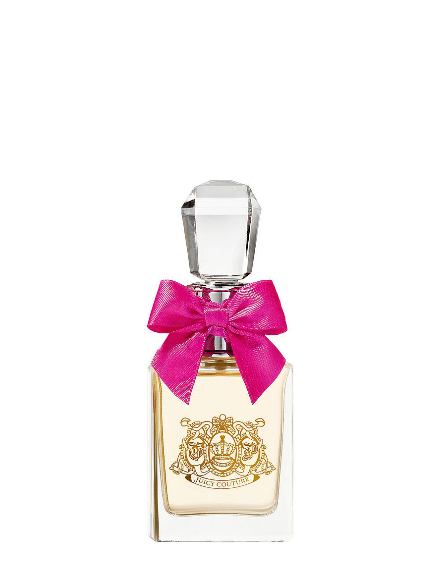 Elegant parfymflaska Juicy Couture Viva La Juicy damparfym med gyllene detaljer mot ljus bakgrund